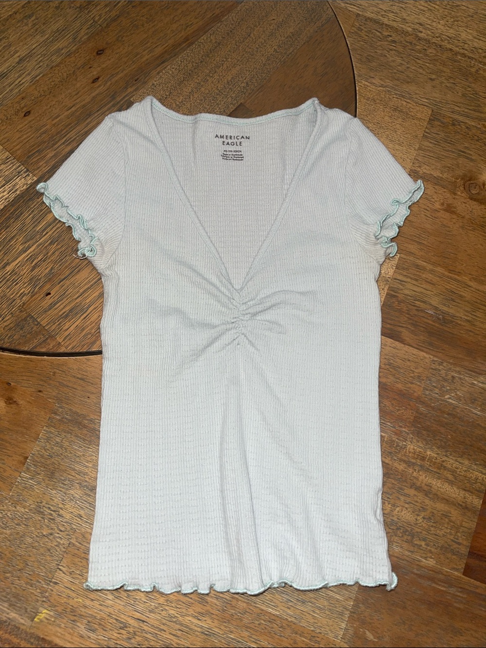 American Eagle Outfitters Pale Blue V-Neck Ruched Short Sleeve Top